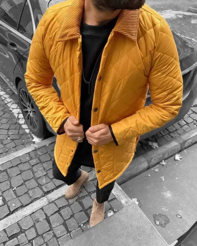Elegant men's transitional jacket yellow DJP90 - Size: S