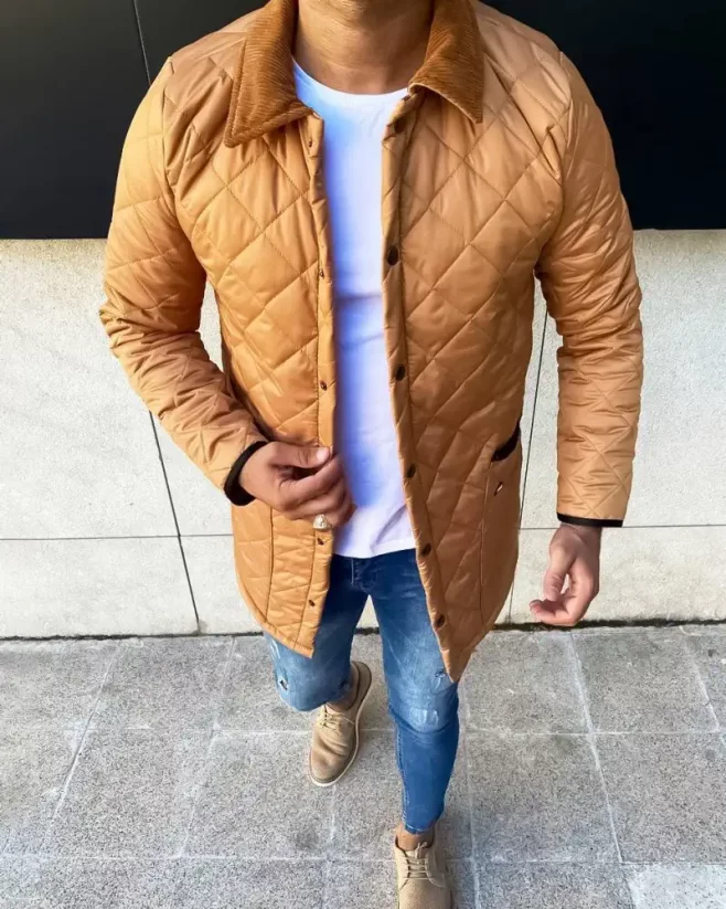 Elegant men's transitional jacket gold DJP90 - Size: S