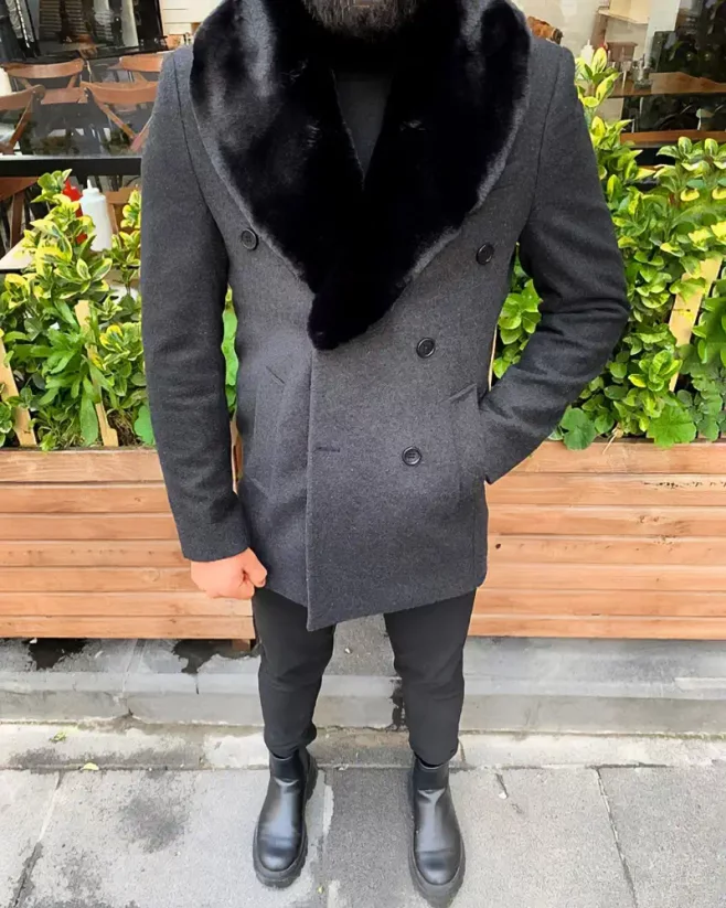 Pánský zimní kabát s kožíškem šedý George