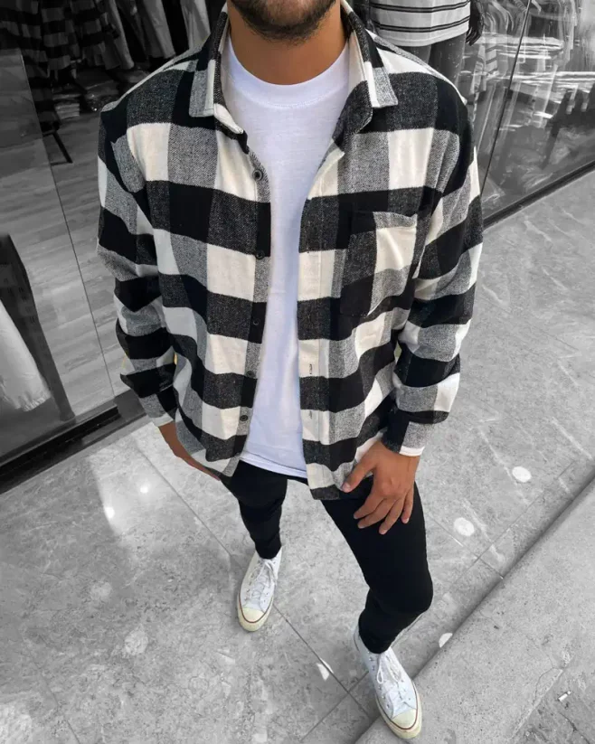 Black-white-men's flannel shirt OT SS Check - Size: XXL