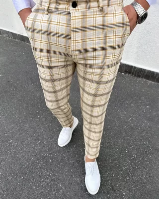 Elegant men's checked trousers beige DJP79