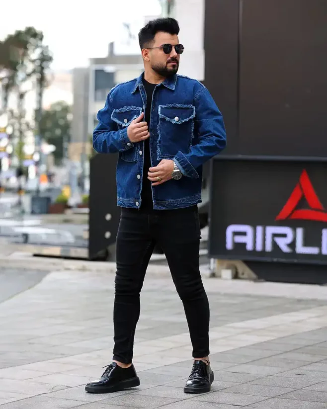 Dark blue men's denim jacket MR Chic - Size: XXL