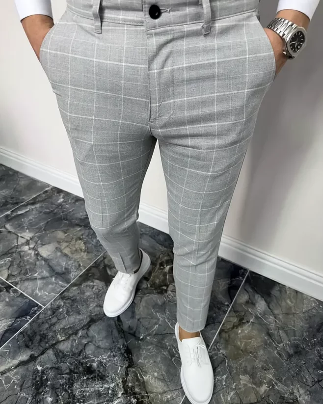 Elegantné pánske kárované nohavice sivé DJP78