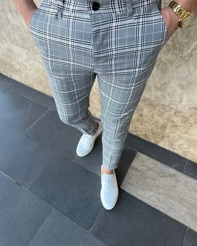 Elegantné pánske kárované nohavice sivé DJP52
