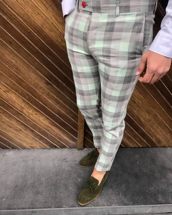 Luxusné pánske kárované nohavice mentolové DJPE69 Exclusive - Veľkosť: 31