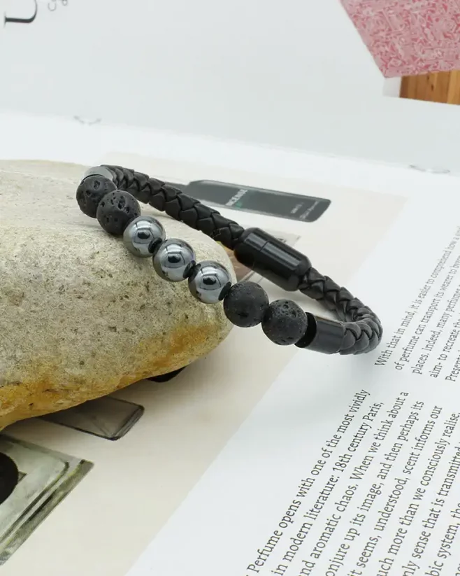 Men's magnetic bracelet with lava stones and gray beads