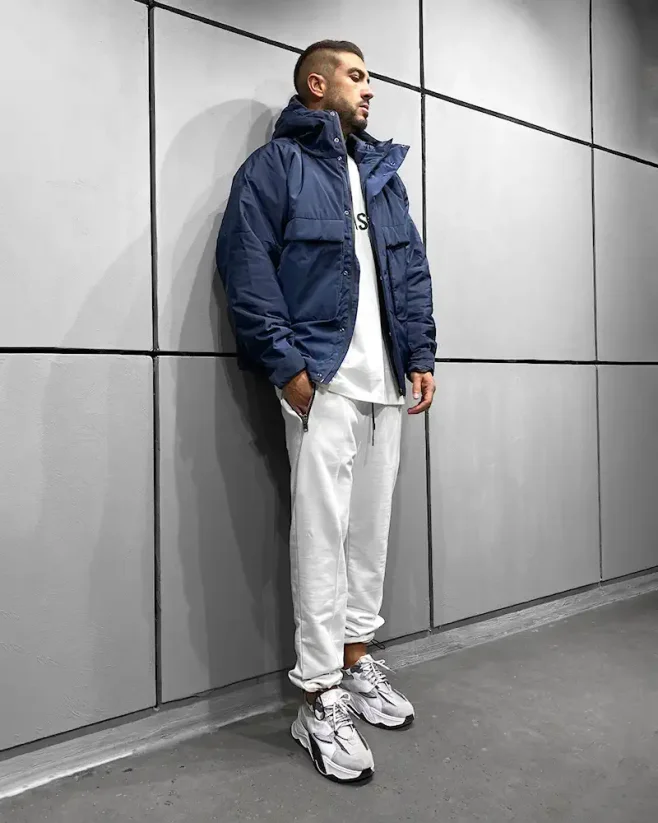 Men's puffer winter bomber jacket Black Island blue - Size: M