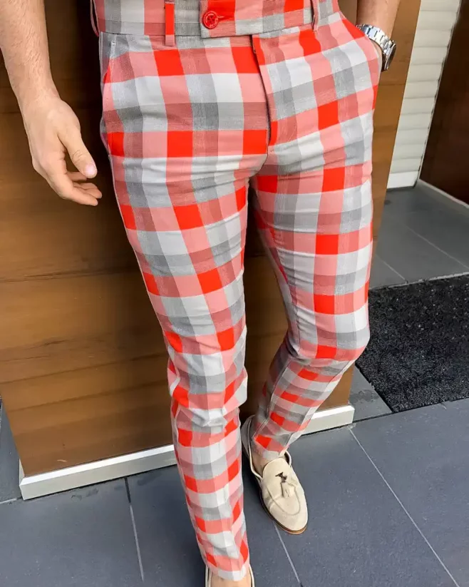 Luxury men's checkered pants red DJPE71 Exclusive - Size: 31