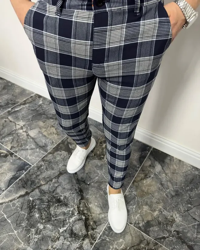 Elegant men's checked trousers blue DJP83 - Size: 30