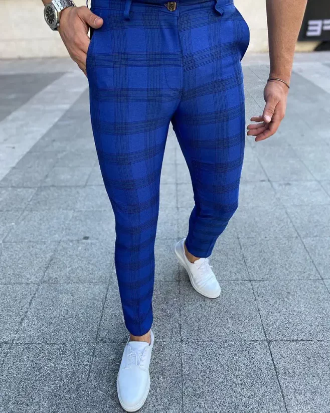 Pánske elegantné kárované nohavice modré DJP21