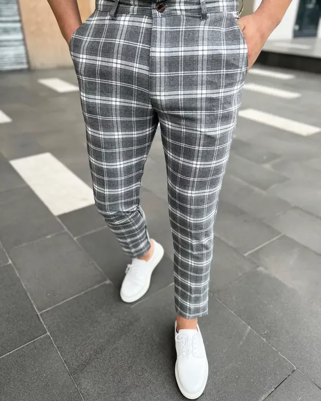 Elegantné pánske kárované nohavice sivé DJP38 - Veľkosť: 31