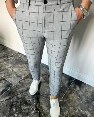 Elegantní pánské kárované kalhoty šedé DJP86