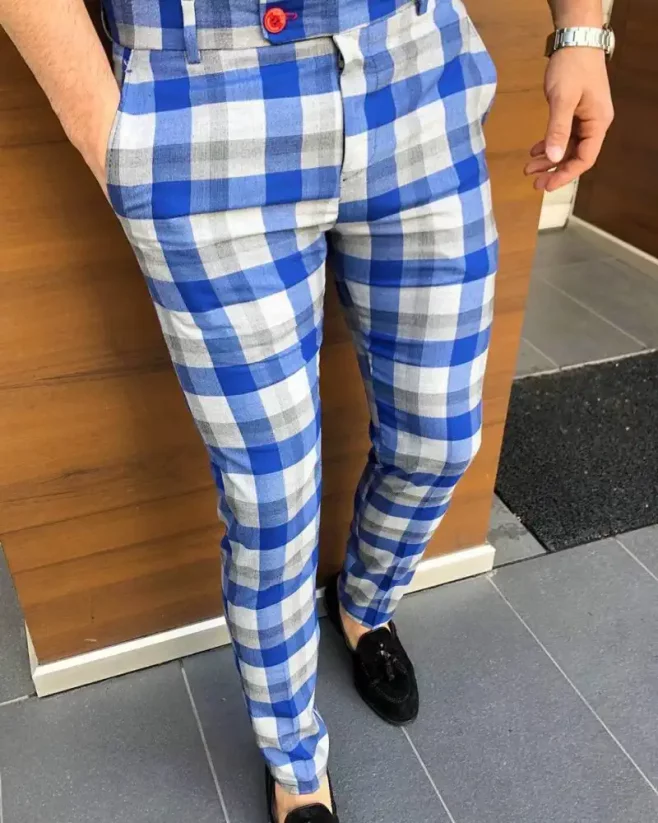 Luxusní pánské kárované kalhoty modré DJPE71 Exclusive - Velikost: 31