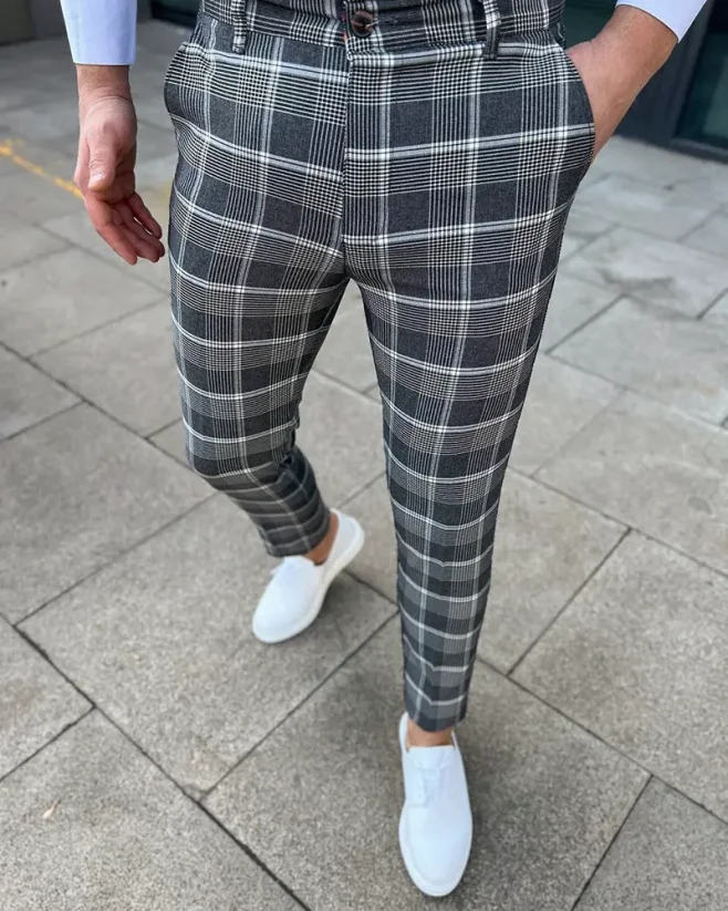 Elegantní pánské kárované kalhoty šedé DJP87
