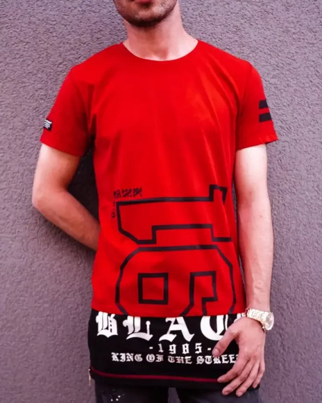 Extended men's t-shirt with red  print MECHANIC 2084 - Size: S