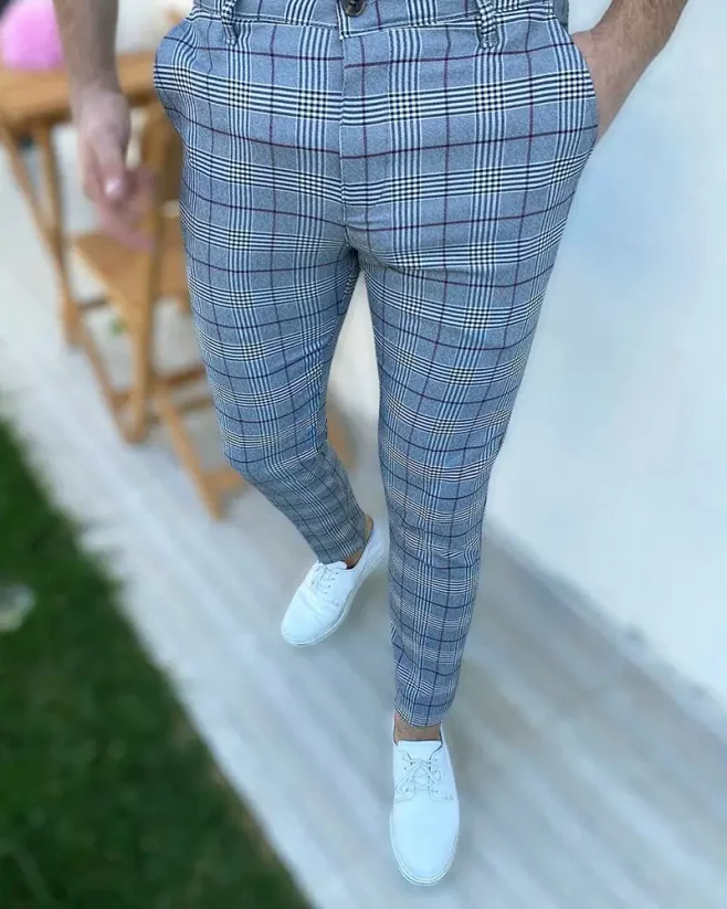 Elegantní pánské kárované kalhoty šedé DJP76