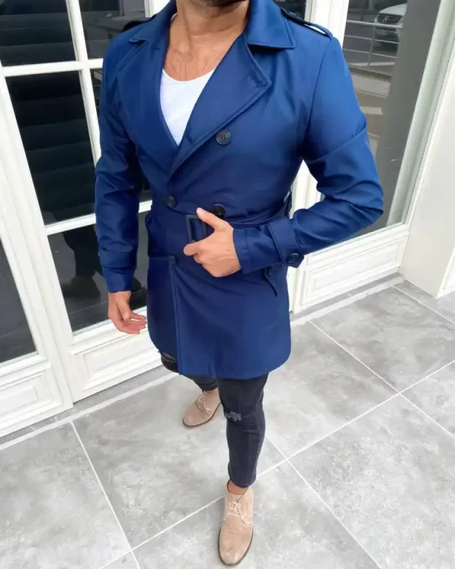Elegantní pánský plášť - trenčkot modrý DJP30