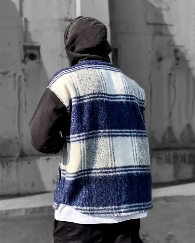Stylish men's flannel jacket with hood Blue Black Island - Size: S