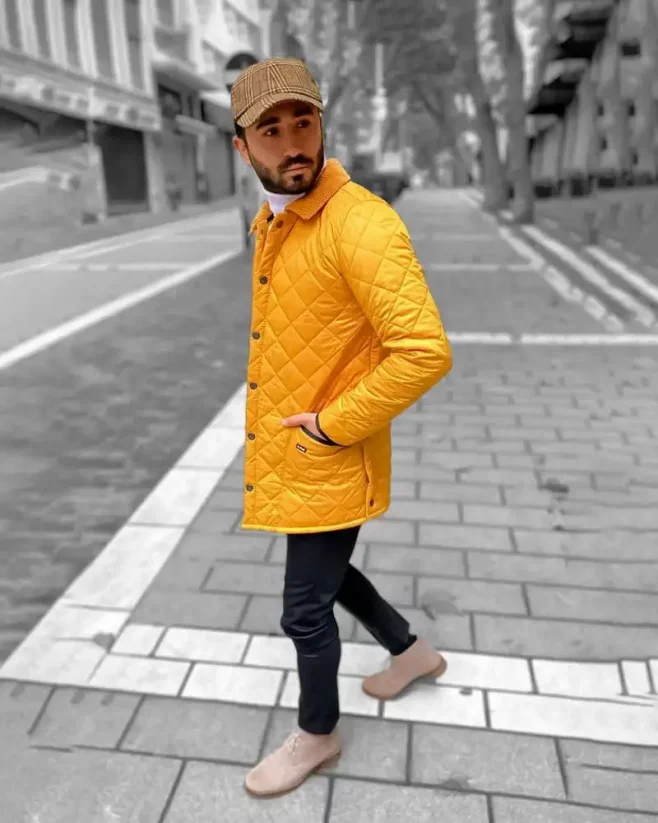 Elegant men's transitional jacket yellow DJP90 - Size: S