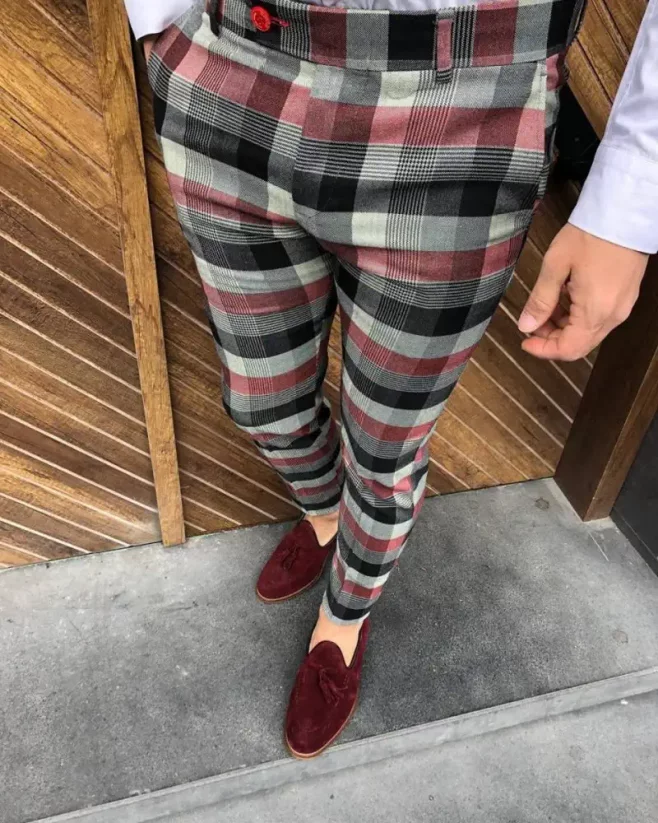 Luxusní pánské kárované kalhoty červené DJPE70 Exclusive