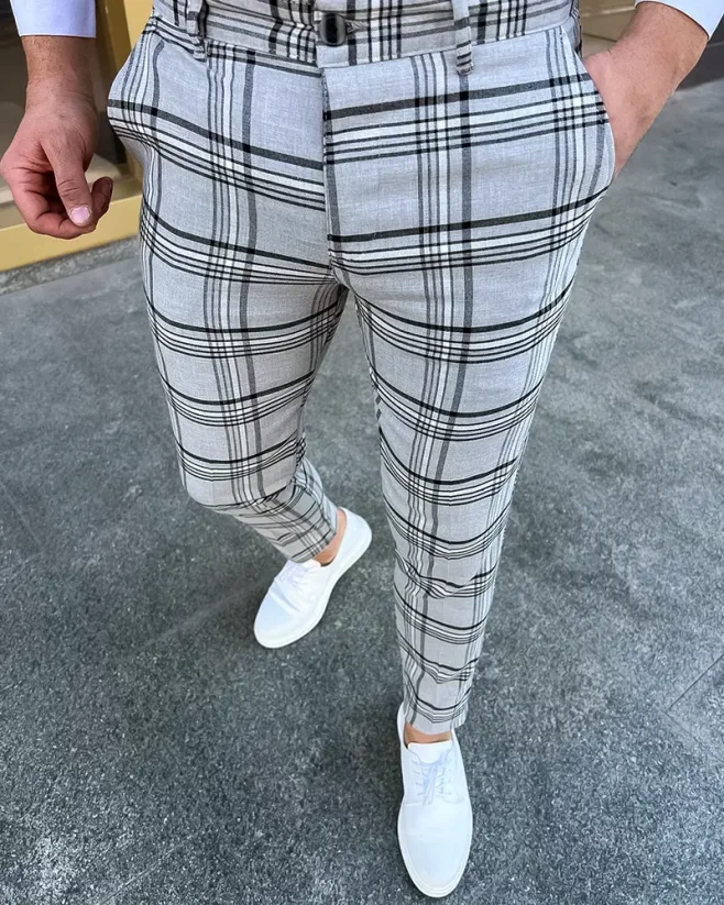 Elegant men's checked trousers grey DJP80 - Size: 30