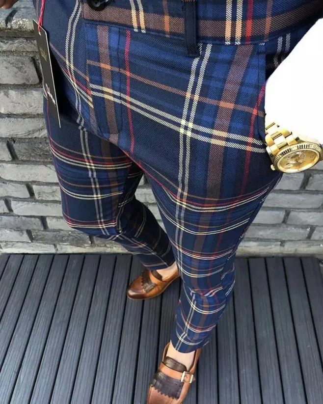 Luxusné pánske kárované nohavice modré DJPE06 Exclusive