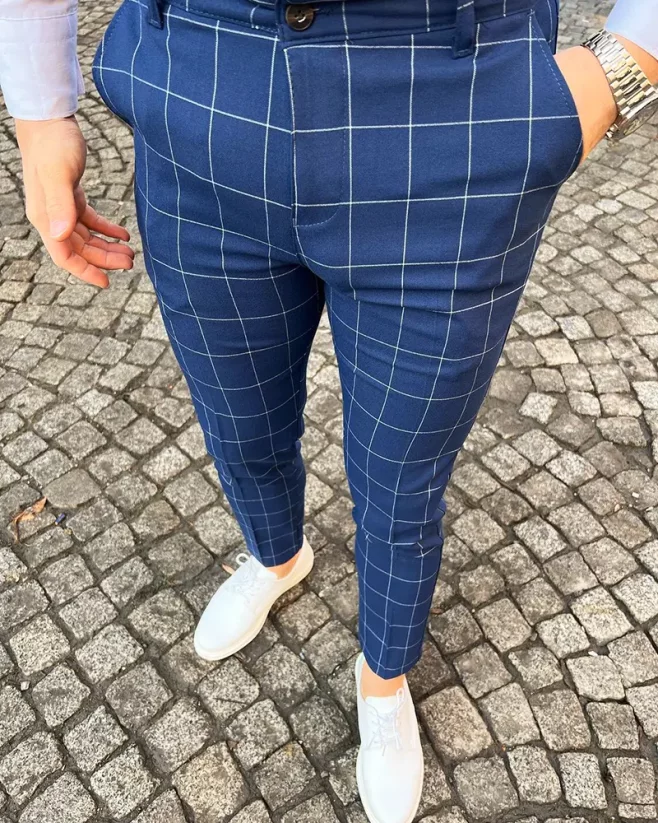 Kárované pánske elegantné nohavice modré DJP62