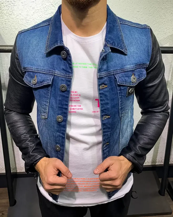 Men's blue denim jacket with leather sleeves DR Night