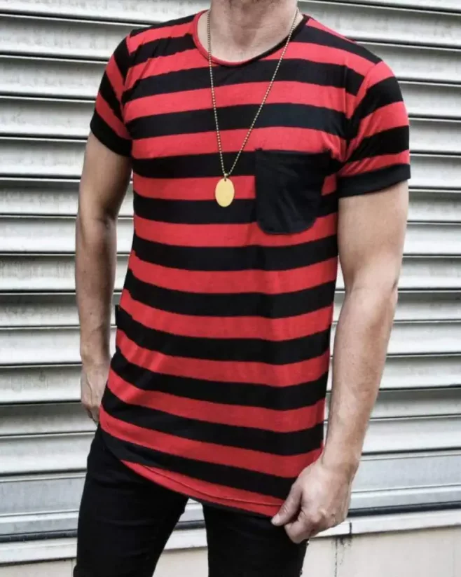 Men's striped t-shirt with a pocket black-red OT SS - Size: M