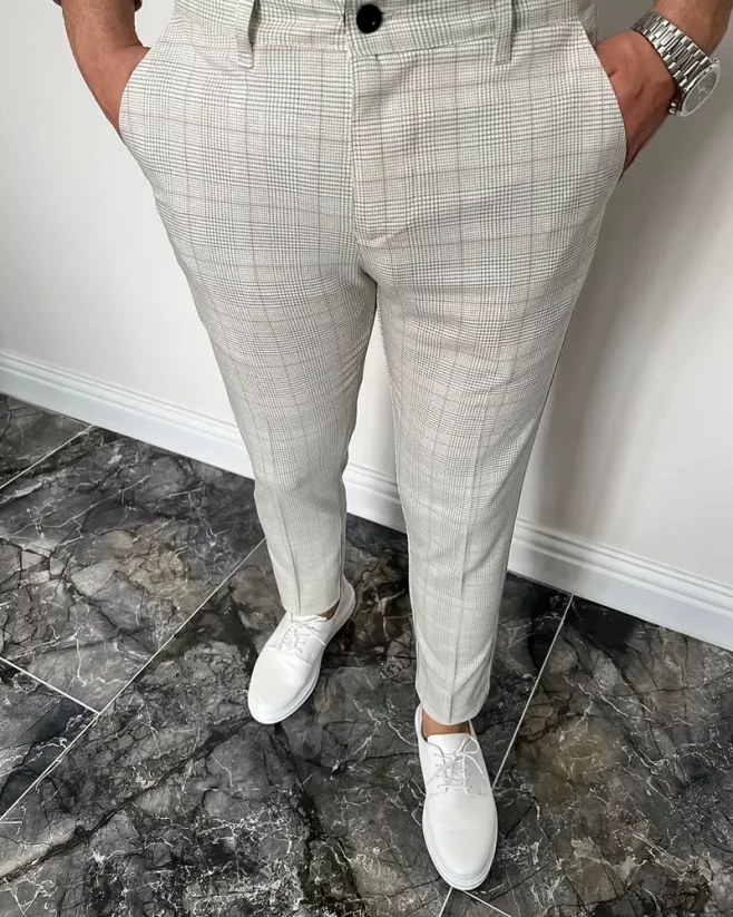 Elegantné pánske kárované nohavice krémové DJP82 - Veľkosť: 33