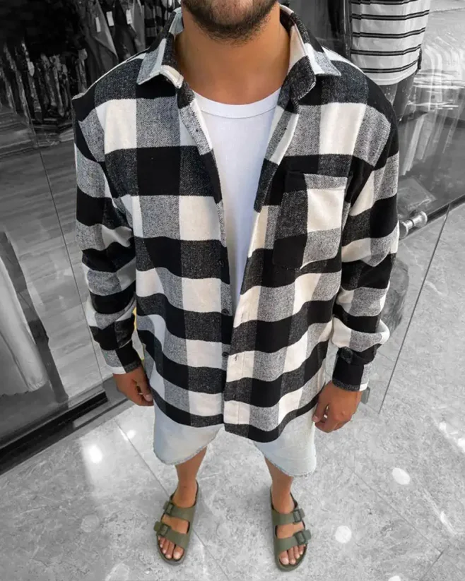 Black-white-men's flannel shirt OT SS Check