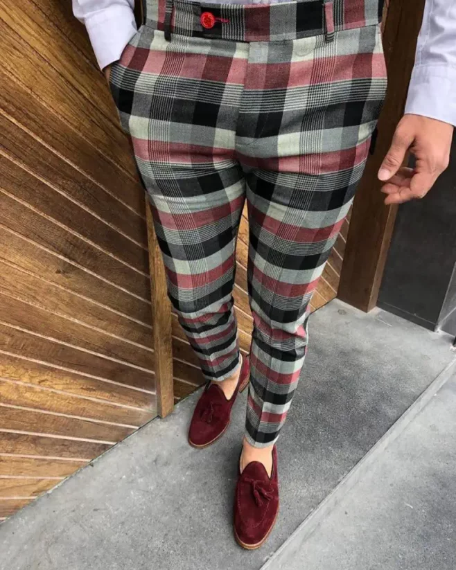 Luxusní pánské kárované kalhoty červené DJPE70 Exclusive