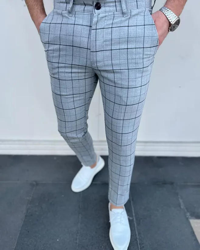 Kárované pánske elegantné nohavice sivé DJP75