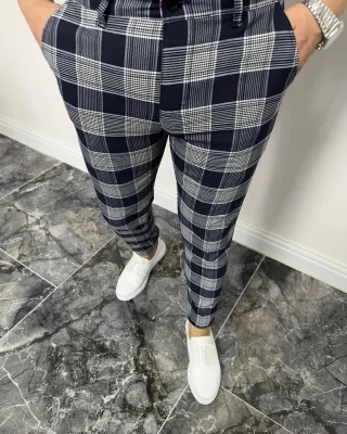 Elegantní pánské kárované kalhoty modré DJP83