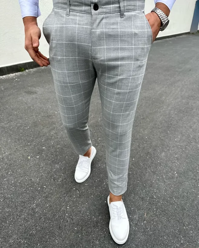 Elegantní pánské kárované kalhoty šedé DJP78