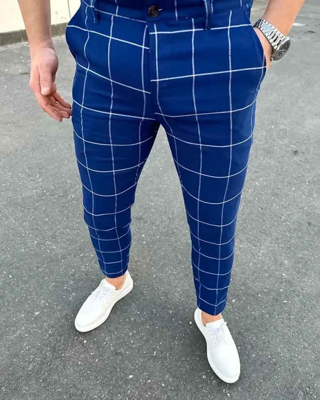 Elegantní pánské kárované kalhoty modré DJP85