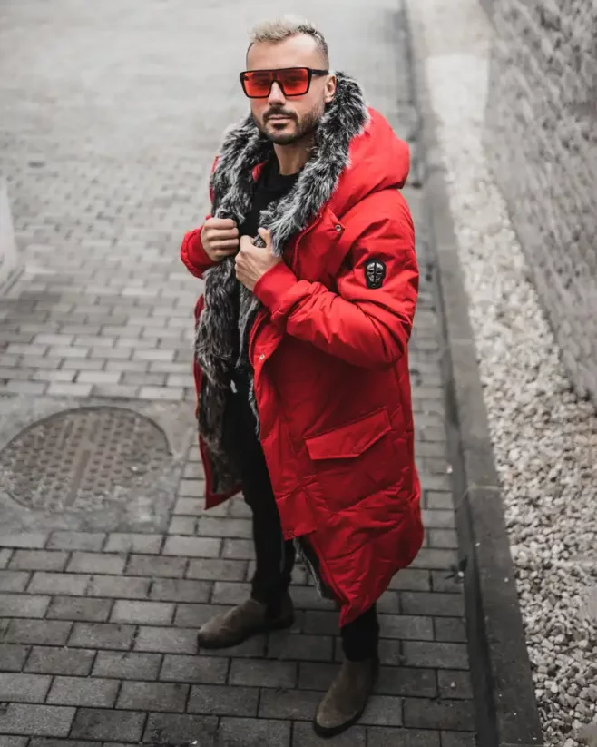 Predĺžená pánska zimná bunda parka červená OJ Stranger - Veľkosť: M