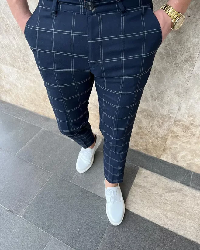 Elegant men's checked trousers blue DJP81