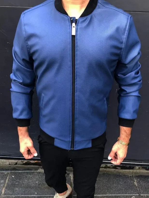 Men's leatherette bomber jacket blue DJP24 - Size: XXL