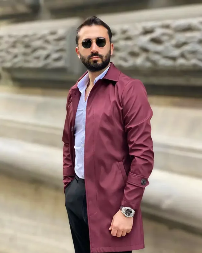 Elegantní pánský plášť - trenčkot bordový DJP21