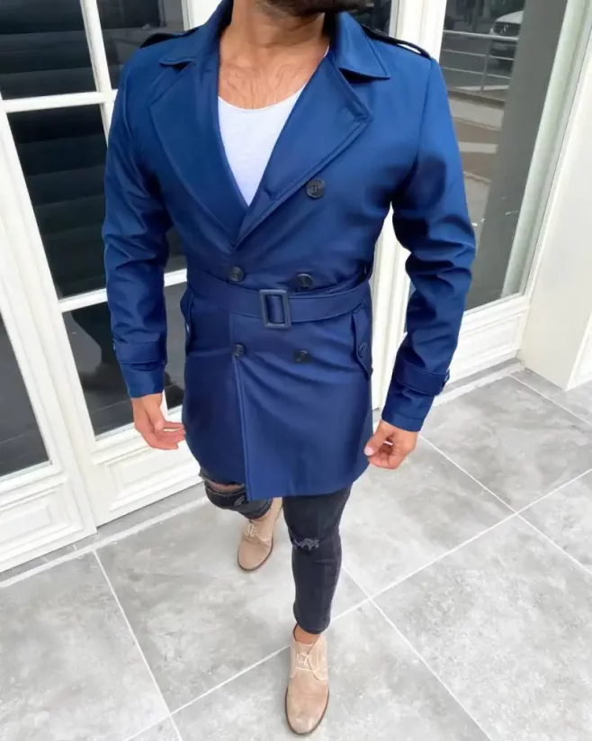 Elegantný pánsky plášť - trenčkot modrý DJP30