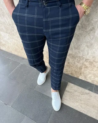 Elegant men's checked trousers blue DJP81
