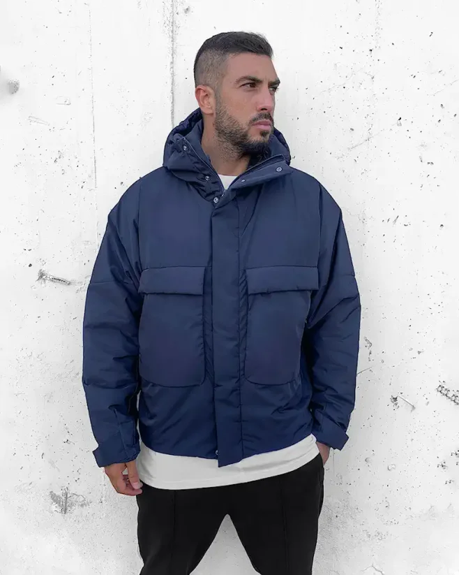 Men's puffer winter bomber jacket Black Island blue - Size: M