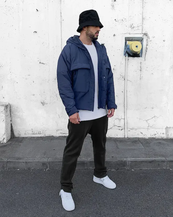Men's puffer winter bomber jacket Black Island blue - Size: M