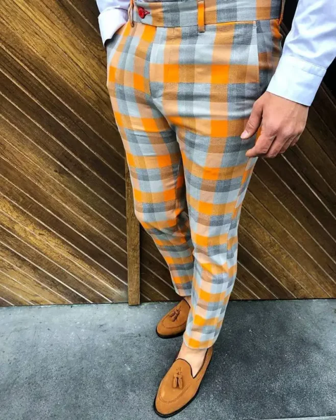 Luxusní pánské kárované kalhoty oranžové DJPE71 Exclusive - Velikost: 33