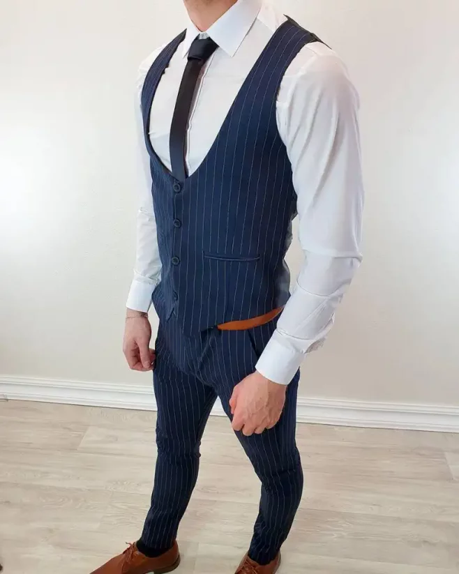 Elegant blue striped set of pants and vest DJP25