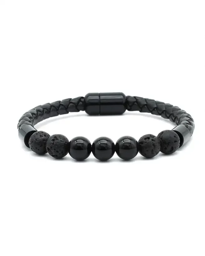 Men's magnetic bracelet with lava stones and black beads