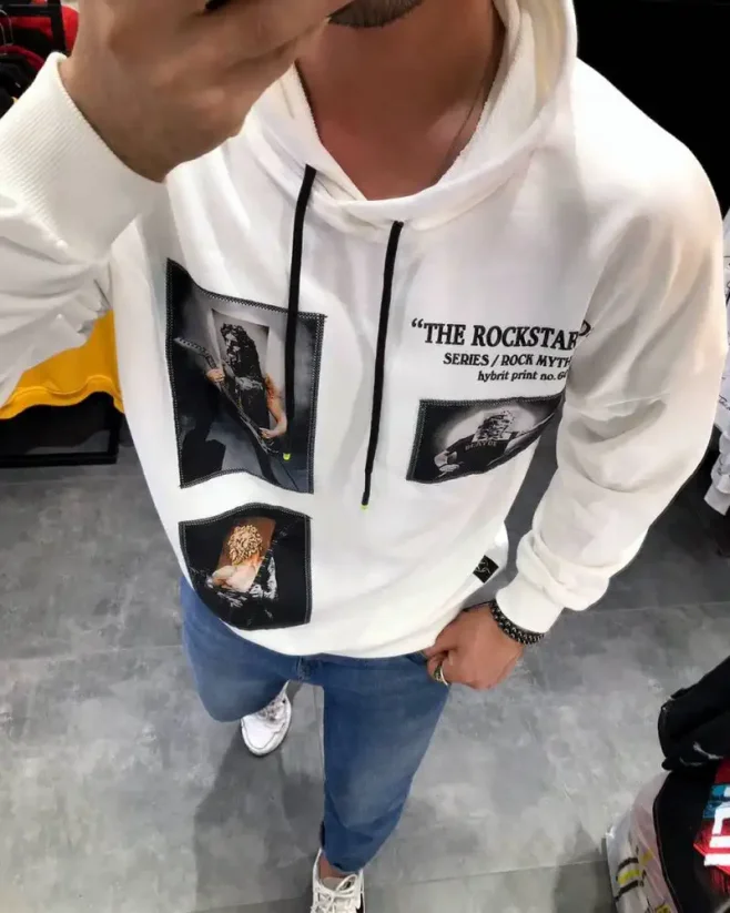 Biela pánska mikina s kapucňou RX Rockstar