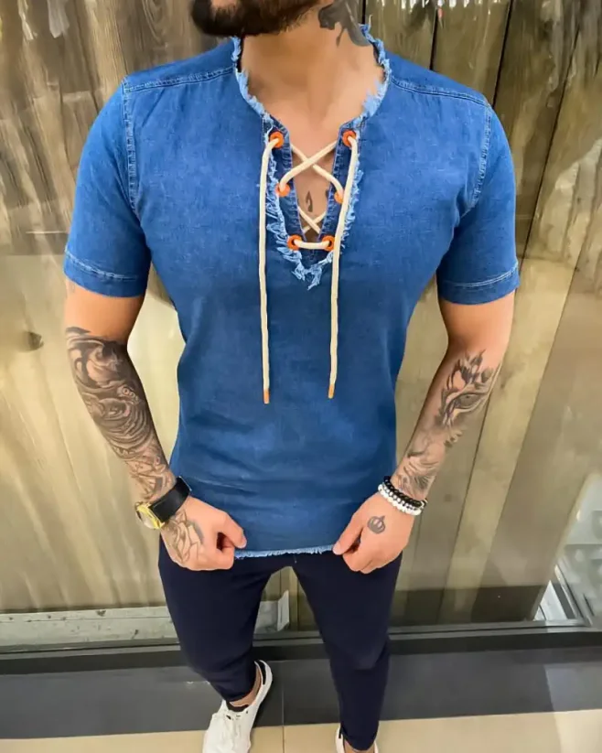 Light blue men's denim shirt with short sleeves MR Chic