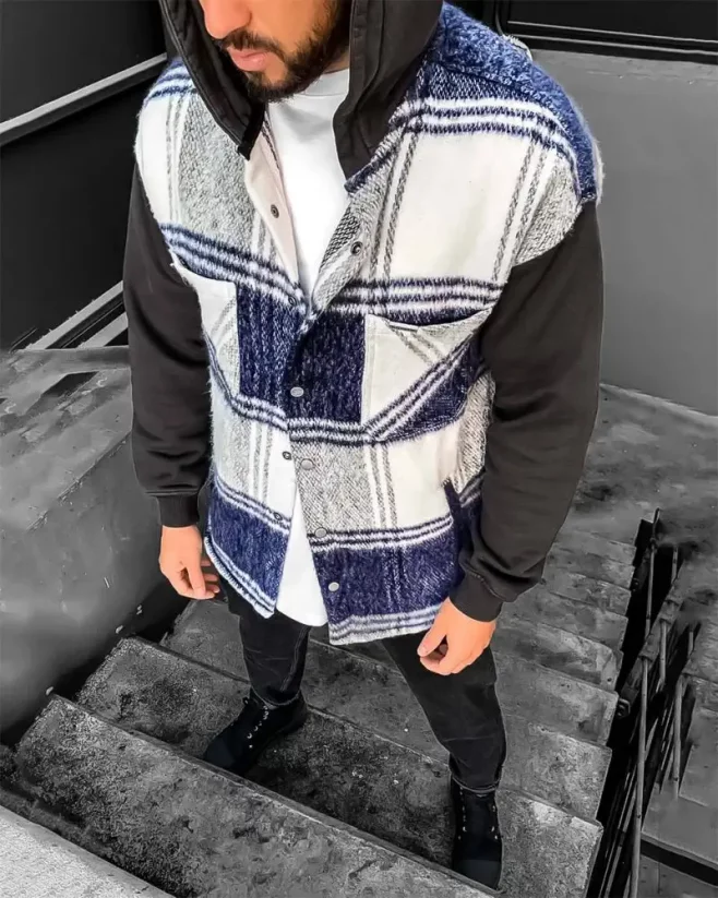 Stylish men's flannel jacket with hood Blue Black Island - Size: S